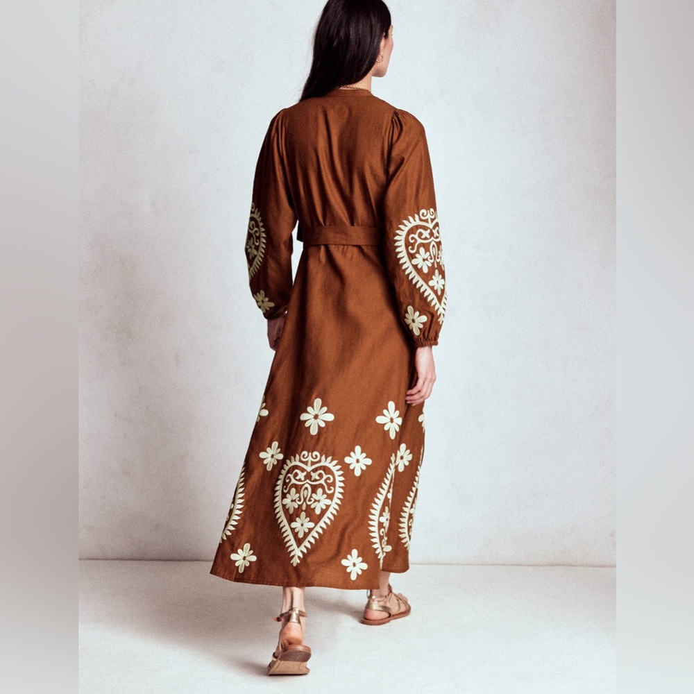 NWT Gorgeous Chic Boden Mae Brown Embroidered Maxi Shirt Dress 2P - Picture 2 of 3
